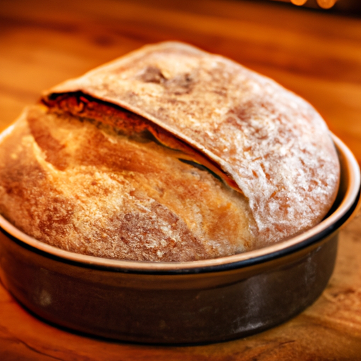 Freshly baked artisan bread with a crispy crust, made in a Dutch oven.