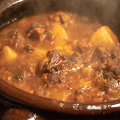 A steaming bowl of hearty stew cooked in a Dutch oven.
