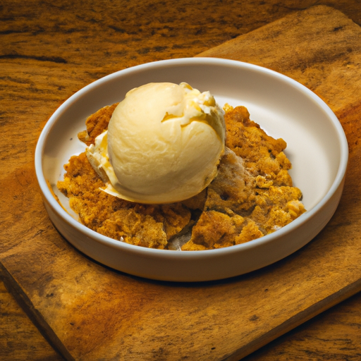 A warm apple crumble with a golden crumb topping, served with vanilla ice cream.
