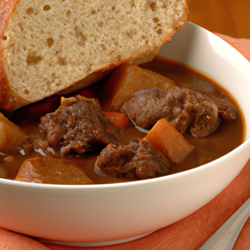 A steaming bowl of hearty beef stew served with crusty bread.